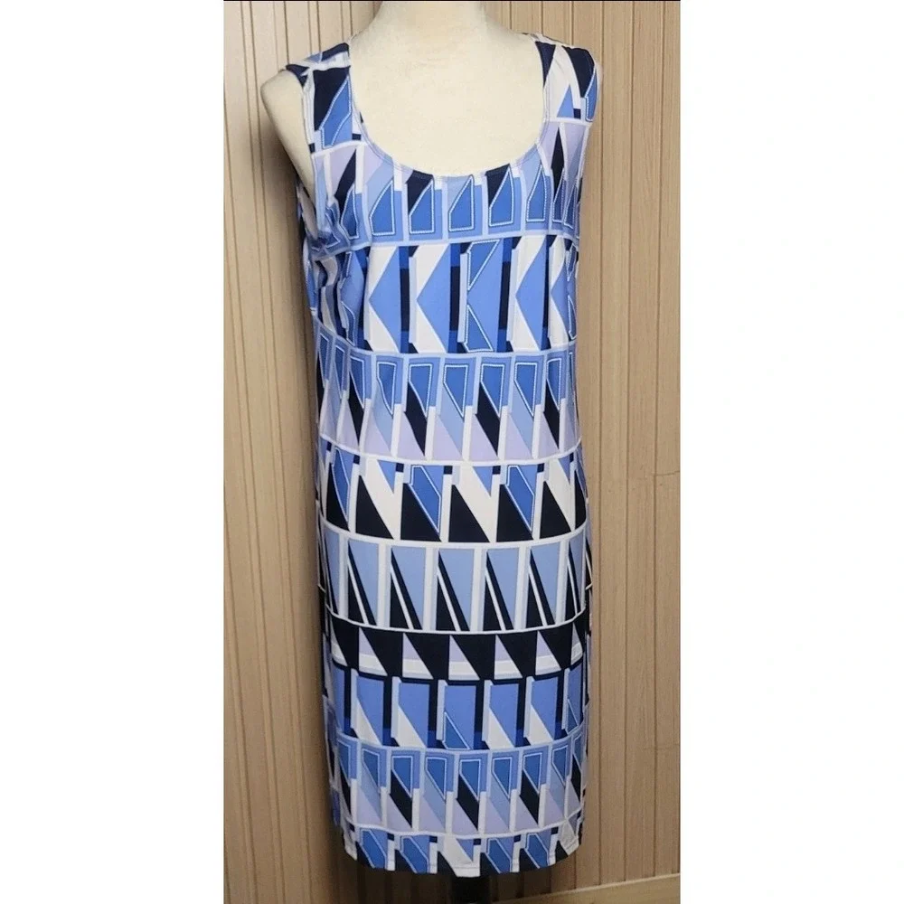 R&M Richards Womens Blue Geometric Print Sheath Dress and Duster Set Size 12